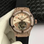 Swiss Replica Hublot Big Bang Everose Gold Diamond Case Champagne Dial Rubber Strap Tourbillon 44mm Men's Watch